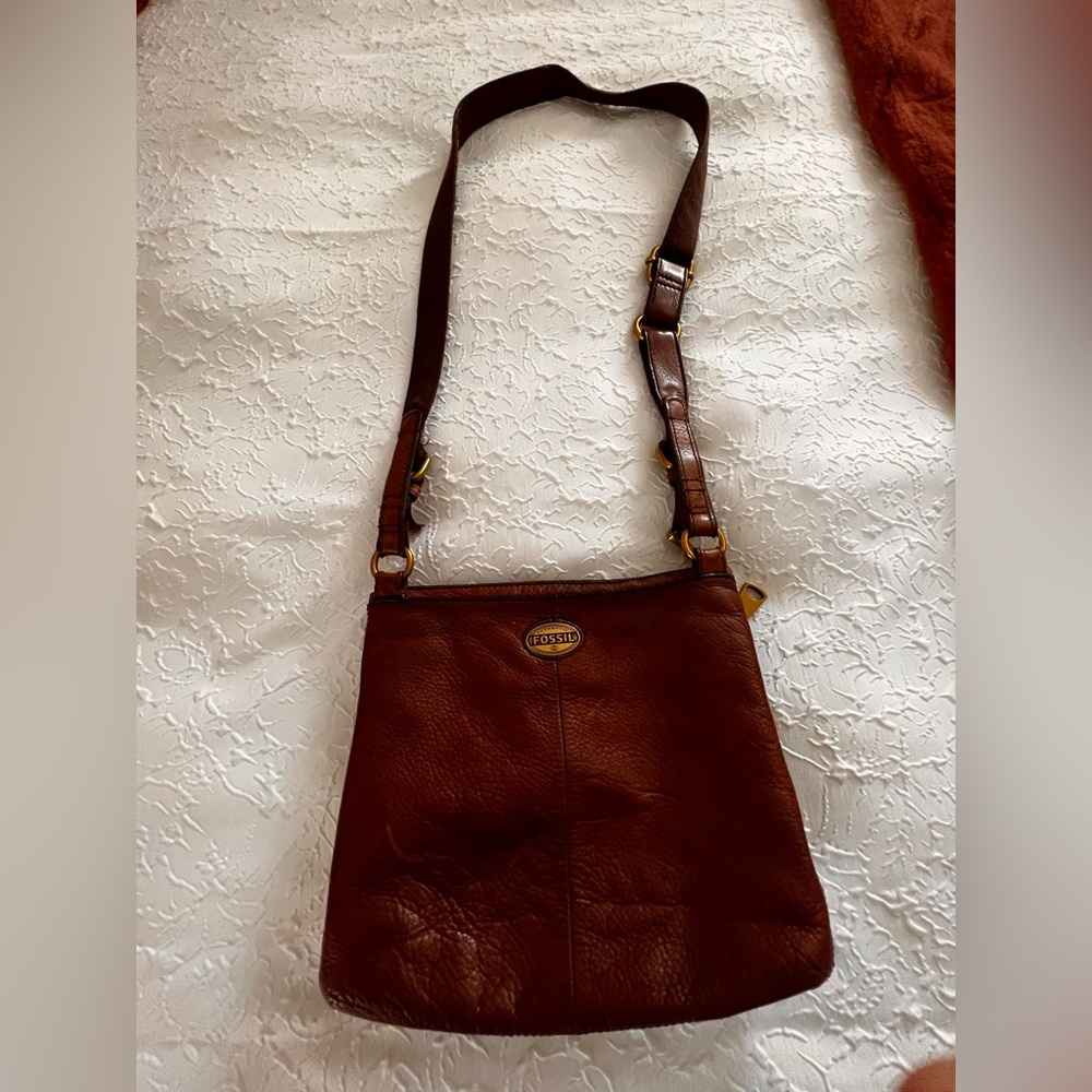 Brown genuine leather 10x11 Fossil pocket book with shoulder strap